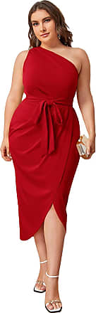 MakeMeChic Womens Plus Size One Shoulder Belted Wrap High Waist Midi Dress Red 0XL