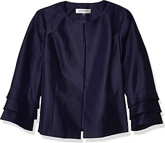 Kasper Womens Shinny Jewel Neck Jacket with Ruffle Sleeve Detail, Indigo, 12