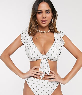 Peek & Beau Exclusivity - Recycled Polyester Underwired Bikini Top with Ruffle Sleeves for Full Bust E to L Cups - Khaki Polka Dots-White