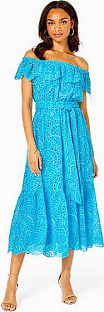 Lilly Pulitzer Womens Geri Off-The-Shoulder Eyelet Midi Dress in Blue Size Medium, Swirly Fern Scalloped Eyelet - Lilly Pulitzer