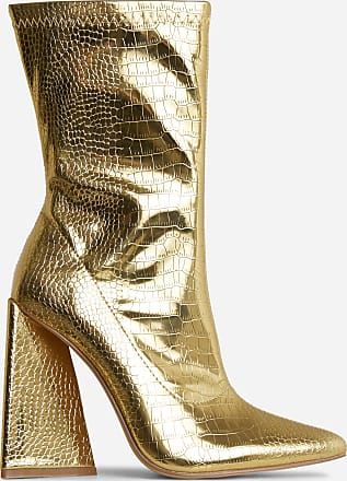 EGO Global Pointed Toe Sculptured Block Heel Ankle Boot In Gold Croc Print Faux Leather, Gold