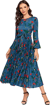 L, Blue Outeck Women Pleated Ruched Long Pleated Dress Elegant O Neck Short Sleeves A-Line Dress Floral Print Skirt 