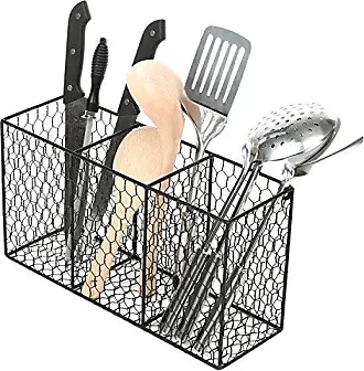 MyGift Rustic Brown Wood Utensil Holder and Napkin Rack with Black Metal Carry Handles and Chicken Wire Front Panel, Dining Flatware Cutlery Storage