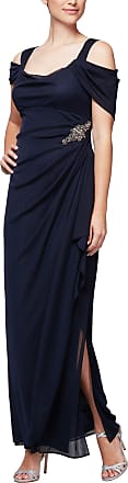 Alex Evenings Womens Plus Size Long Cold Shoulder Dress with Ruched Skirt, Embellished Navy, 18W