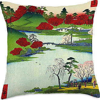 18x18 Multicolor Smooth HQ Vintage Famous Japanese Woodblock Art Garden Hachiman Shrine Throw Pillow 