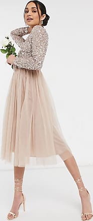 Maya Bridesmaid long sleeve midi tulle dress with tonal delicate sequin in taupe blush-Pink