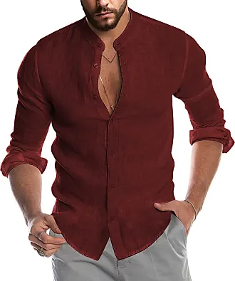 Mens Linen Long Sleeve Shirts Button Down Band Collar Casual