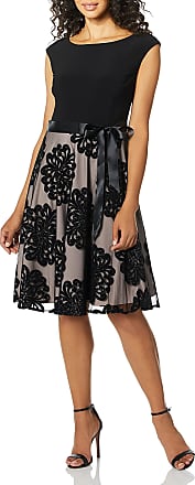 S.L. Fashions Womens Tea Length Tuck Neck Fit and Flare Dress, Black/Blush, 14