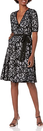 Gabby Skye Womens 3/4 Sleeve V-Neck Printed Faux Wrap Dress, Grey/Black, 14