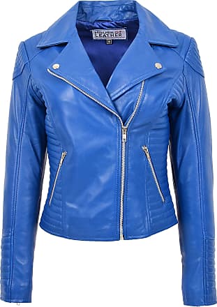 Ladies Bomber Real Leather Jacket Short Slim Fit Casual Blouson Motto Blue 