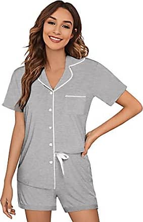 Ekouaer Schlafanzug Damen kurz Sommer Gestreift Pyjama Set mit Rundhals Verschluss Zweiteilige Nachtwäsche mit Knopfleiste Hausanzug