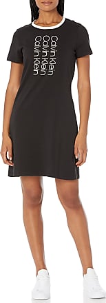 Calvin Klein Womens Short Sleeve Logo T-Shirt Dress, Black/Cream, X-Large