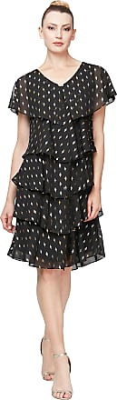 S.L. Fashions Womens Short Sleeve Print Tiered Chiffon Dress, Black Metallic, 6