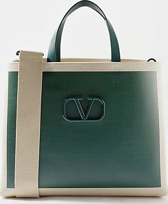 Valentino City Safari Tote Leather Trimmed Canvas Tote Bag Off-White Cognac  Brown VLOGO