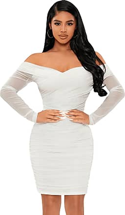Floerns Womens Off Shoulder Long Sleeve Contrast Mesh Bodycon Mini Dress White M