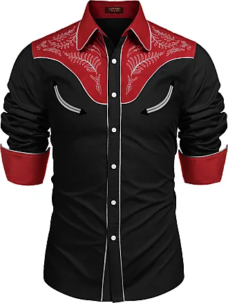 COOFANDY Men's Western Cowboy Embroidered Long Sleeve Button Down Shirt,  Cotton - Black, XX-Large