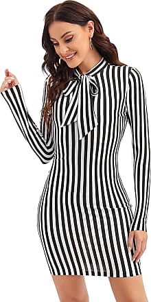 Floerns Womens Striped Print Tie Neck Long Sleeve Elegant Bodycon Mini Dress Black and White S