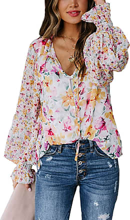 Boho Tops for Womens Floral Print 3/4 Sleeve V Neck Loose Button Down Shirt Blouse Flowy Summer Casual Tops 