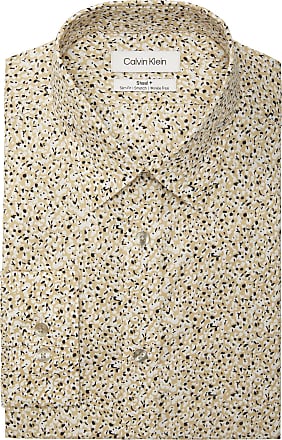 Calvin Klein Mens Dress Shirt Non Iron Stretch Slim Fit Print, Taupe, 14.5 Neck 32-33 Sleeve