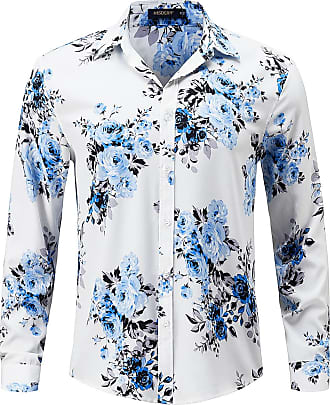 Men's Flower Printed Dress Shirts Casual Long Sleeve Button-Down Hawaiian Shirt Floral Regular Fit Beach Prom Party Shirt 