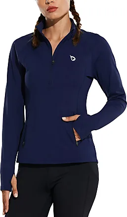  Womens Thermal Shirts Long Sleeve Workout Tops Running  Athletic Zipper Pocket Fleece Lined Cold Weather Gear Winter Thumbholes  Navy XXL