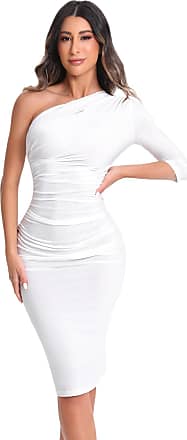 Shein Womens Ruched One Shoulder Bodycon Midi Dress 3/4 Sleeve Pencil Dresses White Large