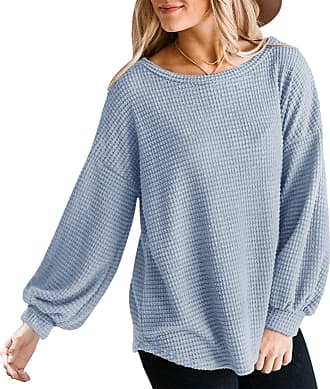 Womens Long Balloon Sleeve Waffle Knit Tops Crew Neck Oversized Sweater  Pullover 