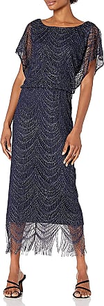 S.L. Fashions womens Blouson Metallic Crochet With Fringe Hemline Special Occasion Dress, Navy and Silver, 14 Petite US