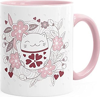 Tasse Katze mit Federn Kaffeetasse mit farbigem Henkel und Innenfarbe Autiga® 