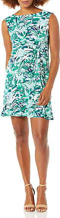 Gabby Skye Womens Cap Sleeve Round Neck Printed ITY A-Line Dress, Cream/Emerald/Blue, 4