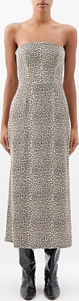 Beige Leopard-print bandeau-neck crepe midi dress