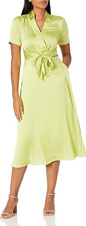 Tahari by ASL Womens Short Sleeve Surplus Satin Tie Front Midi Shirt Dress, Key Lime, 14