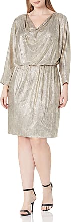 Jessica Howard Womens Plus Size 3/4 Sleeve Drape Neck Metallic Knit Blouson Sheath Dress, Champagne, 24