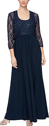 S.L. Fashions Womens Long Sequin Lace Two Piece Jacket and Sleeveless Dress, Navy, 14