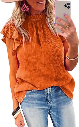 Buy the NWT Womens Orange Round Neck Pleated Short Sleeve Pullover Blouse  Top Sz 4