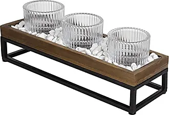 MyGift 3-Pillar Metal Candle Holders with Rustic Torched Wood Tray and Artificial Succulent/Pine Cone Decorations, Brown