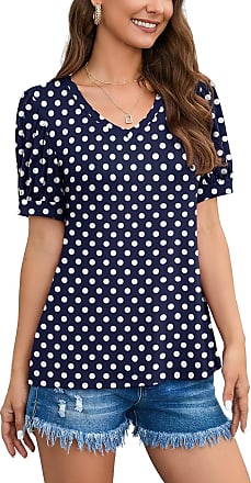 Women's Loose Casual Short Sleeve Top Navy Blue and White Polka
