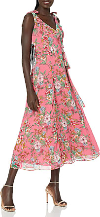 Nanette Lepore Womens Tie Shoulder Wrap Bodice Midi Dress, Sunrise Pink Multi Print, 10