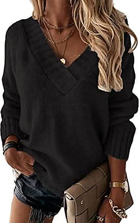 Tomwell Femmes Col en V à Manches Longues Décontracté en Tricot Gaufré Pull T-Shirt Blocs de Couleur pour Femmes Hiver Chaud Ample Décontracté Chemisier Pullover Pull Tops