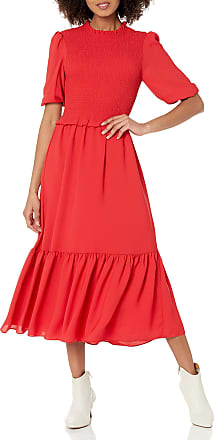 Nanette Lepore Womens Elbow Sleeve Smocked Front Ruffle Neck Dress, Crimson Ruby, 8