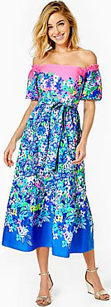 Lilly Pulitzer Womens Zalie Off-The-Shoulder Midi Dress in Blue Size 10, Social Sunset Engineered Dress - Lilly Pulitzer