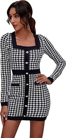 MakeMeChic Womens Houndstooth Long Sleeve Button Front High Waist Stretch Mini Bodycon Pencil Dress Black and White XS