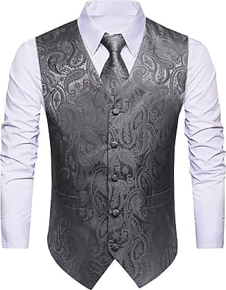 HISDERN Mens Waistcoat Paisley Floral Jacquard Necktie Pocket Square Handkerchief Vest Suit Set 