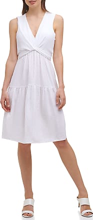 Calvin Klein Womens Sleeveless A-Line Dress with Twist Knot Detail, White, 8