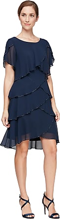 S.L. Fashions Womens Short Sleeve Solid Tulip Tiered Chiffon Dress (Missy and Petite), Navy Beaded Trim, 18