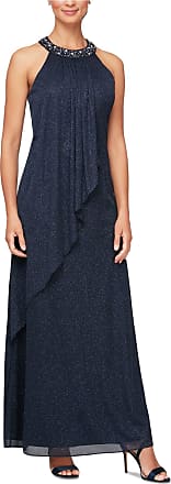 S.L. Fashions Womens Jewel Neck Drape Front Dress, Navy, 12