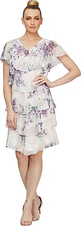 S.L. Fashions Womens Short Sleeve Tiered Chiffon Dress (Missy, Ivory Multi Floral Petite, 12P