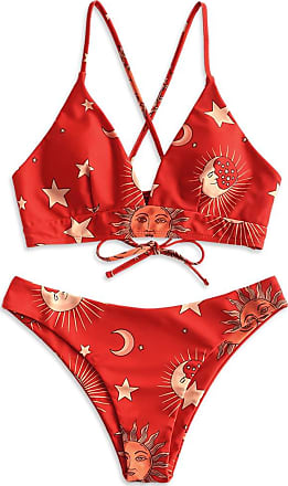 ZAFUL Women's Bikini Swimsuit Floral Print Lace Up V Neck Two Pieces Bathing Suit 