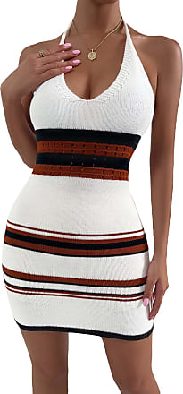 Shein Womens Striped Backless Ribbed Knit Dresses Sleeveless Tie Halter Neck Bodycon Mini Dress White Striped Medium