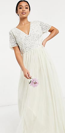 Maya Bridal v neck maxi tulle dress with tonal delicate sequin in ecru-White